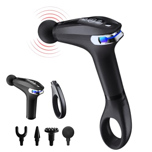 Pistolet de massage musculaire à percussion avec manche extensible pour tout le corps, masseur cervical et dos en tissu profond, pistolet de massage électrique, 9 modes et 4 têtes. Soulage les