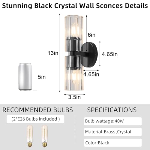 Image of Black Crystal Wall Sconces Set of Two, Wall Sconce Set of 2, Black Sconces Wall Lighting with K9 Crystal Lampshade, Wall Lights for Bedroom Living Room Bathroom Hallway