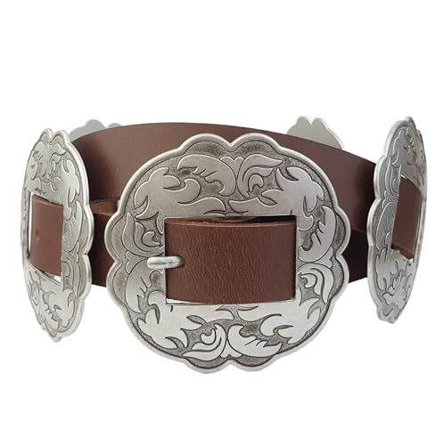 AXESORIA: Genuine Leather Belt with Matching Western Floral Shape Concho Brown 32