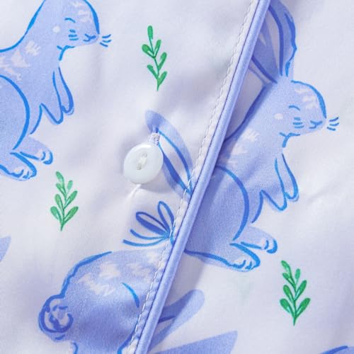 Image of Women Easter Pajamas Set Cute Bunny Button Down Shirt and Shorts 2 Piece Pj Set Y2K Easter Outfits
