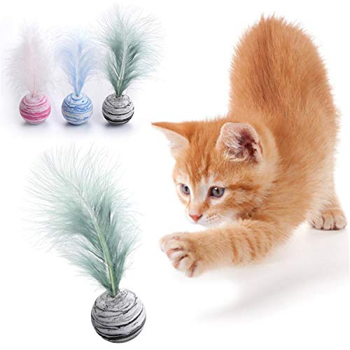 JYtop-online Spielzeuge für Katzen, Ball mit Feder, zum Kauen, Rassel, Kratzen, Kunststoff, interaktiv, 3 Stück