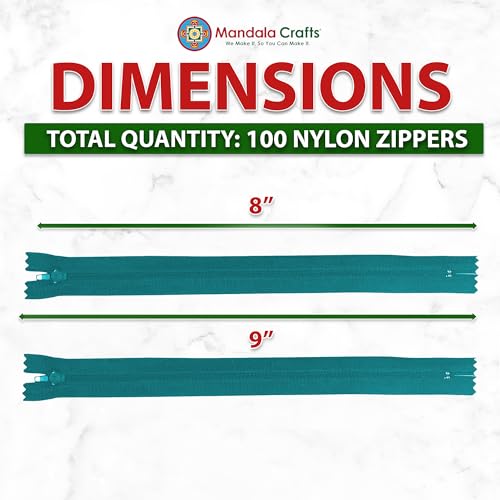 Image of Mandala Crafts 100 PCs Teal Closed-End 8 Inches Nylon Zippers for Sewing