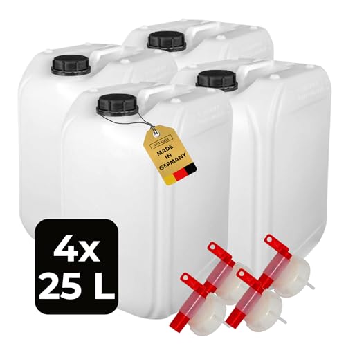 ABACUS 4x 25 Liter Wasserkanister Natur | Chemiekanister | Auslaufhahn und Deckel (DIN 61) | Lebensmittelecht | Indoor und Outdoor | BPA Frei | Säurefest | Mit Skala zum Ablesen des Füllstands