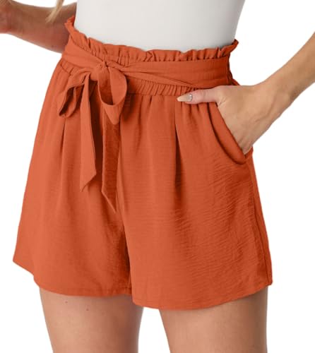 PrinStory Damen Shorts High Waist Kurze Hose Leicht Sommershorts Gürtel Breites Bein Strandshorts Mit Taschen (Orange,L)