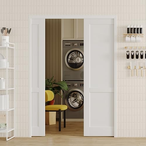 Image of Sliding Pocket Door, 48 inch(2 x 24) x 80 inch, 2-Panel Core with Frame and Hardware Kit Set, Interior Doors for Pocket Door, White Primed - No Panel Assembly Required