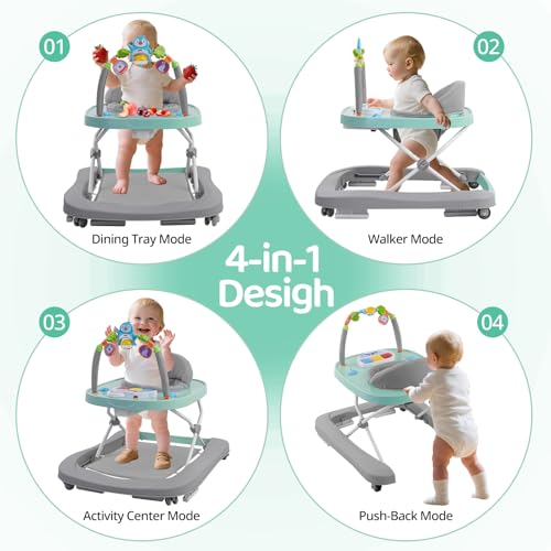 Foldable Baby Walker, Music & Removable Footrest with Toys, 3-Height Adjustable, 4-in-1 Activity Center for Infant and Toddler, Baby Walker for Baby Boy Girls 7–18 Months