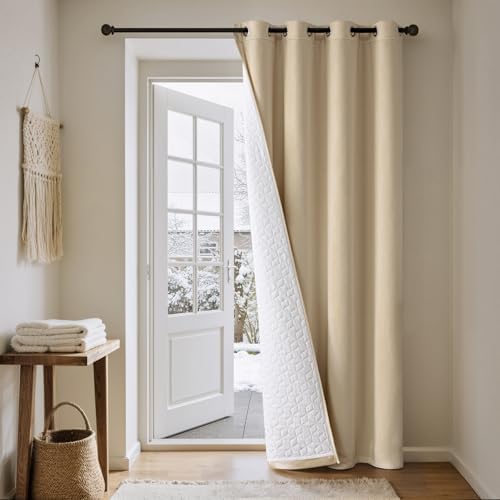MIULEE Thermovorhang Samt, Kälteschutz Wärmevorhang, Beige, 132x225cm 1er | Doppellagiger Samt-Thermovorhang mit Gestepptem Futter, Blickdicht, Kälteschutz für Haustüren im Winter