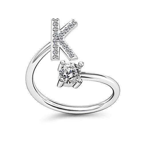Image of HUJUON Silver Initial Letter Ring for Women. Adjustable Crystal Alphabet Ring,Name Initials Stackable Knuckle Rings A-Z CZ Open Ring