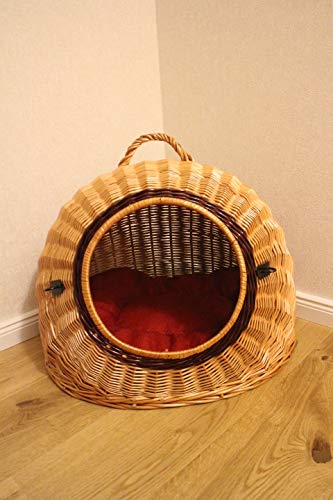 Marcus Weidenhandel Katzentransportkorb Katzenschlafplatz aus Weide mit Metallgitter und Kissen L XL XXL Transportkorb Transportbox für Hunde oder Katzen (XL=56x45x48cm)