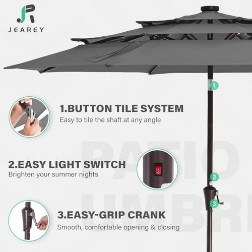 Image of JEAREY 3 Tiers Patio Umbrella with Solar Lights 9ft Outdoor Market Table Umbrellas with Push Button Tilt for Outside Pool Garden, Gray