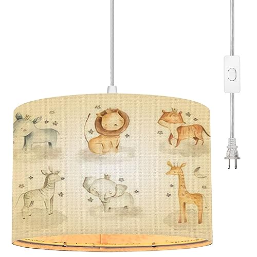 EFTOWEL Plug in Pendant Light Animals Watercolor Baby Elephant Lion Tiger Zebra Giraffe Hanging Lamp with Plug in Cord 16.4 ft Dimmable Switch Fabric Shade Hanging Light for Bedroom Nursery Decor