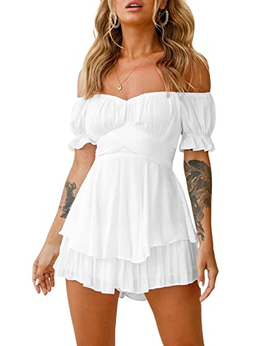 Acrawnni Women Puff Sleeve Dress Off Shoulder Smocked Bodycon Mini Dress Casual Ruched Boat Neck Ruffled A-Line Flowy Short Dress (B-White, M)