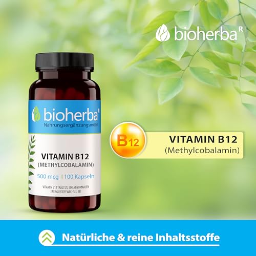 Vitamin B12 Kapseln – 100 Stück mit 500 µg Methylcobalamin zur täglichen Nahrungsergänzung von BIOHERBA PZN 19642669