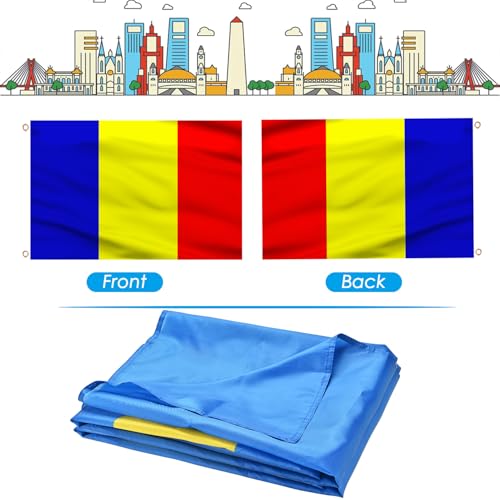 Image of AhfuLife 2 Pcs Romania Flag 3x5 Ft, Large Romania National Flags foe Outside - Double Side with Brass Eyelets for Olympic Party Decorations, Bar Garden Street Decoration Indoor Outdoor