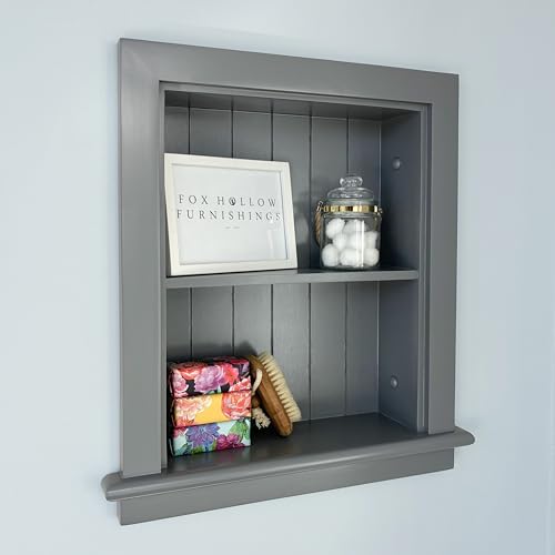 Image of 14x18 Aiden Recessed Wall Niche Medicine Cabinet Replacement, in The Wall Bathroom Cabinet Insert Shelf /Shelves, Made in North America, Real Wood, NO MDF, Beadboard, Dark Gray