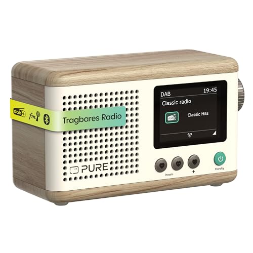 Pure Classic Mini Tragbares Digitalradio – DAB+ & UKW-Radio – Bluetooth 5.3 – 15 Stunden Akkulaufzeit – 2 Equalizer-Optionen – 2,4 Zoll Farbdisplay – Trageband – Baumwoll-Weiß/Eiche – Kompakt & leicht