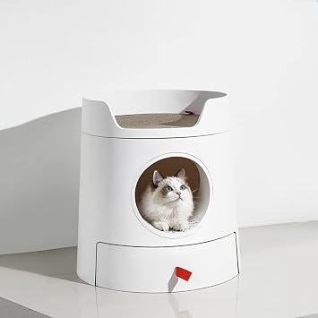 Mayitwill Cat Litter Box Standard Large Castle 2 in 1 Front-Entry Cat Litter Box with Scratch Basin, Scoop Included White