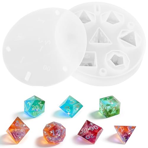Silicone Dice Mold for Resin, DND Dice Epoxy Mold Set with 7 Polyhedral Cavities, Reusable DIY Dice Making Kit for Tabletop Games, D20 Ice Cube Mold