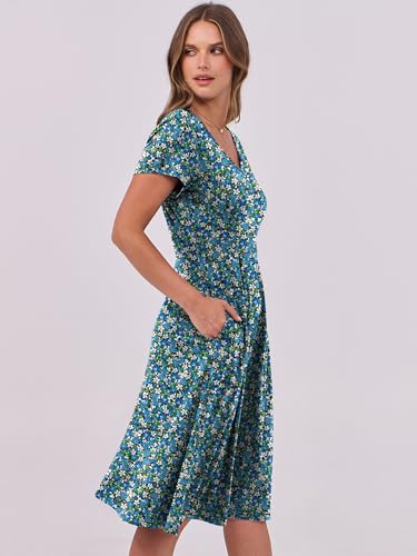 Image of ANRABESS Women Summer Dress Casual Short Sleeve V Neck A-Line Knee Length Pleated Flowy 2026 Fashion Midi Dresses with Pocket