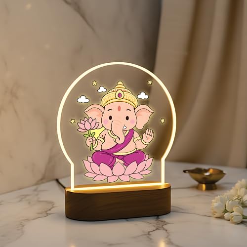 Image of Giftplease Lord Ganesha LED Table Lamp - Warm White Decorative Night Light - Divine Bal Ganesha & Mooshak Artwork for Home, Office, and Pooja Room GL 02