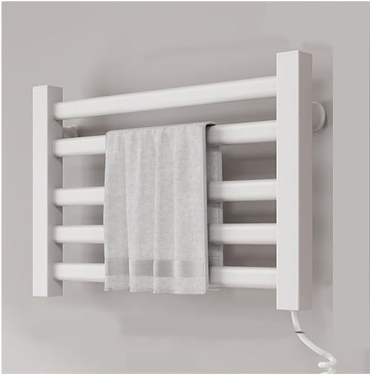 Electric Towel Warmer Rack - Wall-Mounted Heated Towel Dryer, 5-Bar Thermostatic Heating with Hooks, Multifunctional Bathroom Towel Warmer, Plug-in, White
