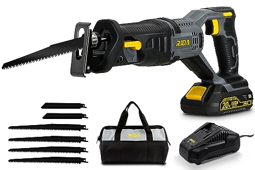 Rida Cordless Reciprocating Saw 20V Cordless Sawzall W/2.0Ah Battery & Charger, 2 Modes & 0-3000 Spm Variable Speed, Carry Bag, 2 X 6" Metal Blade & 4 X 11" Wood Blade For Wood/Metal/Pvc Pipe Cutting #TOP5