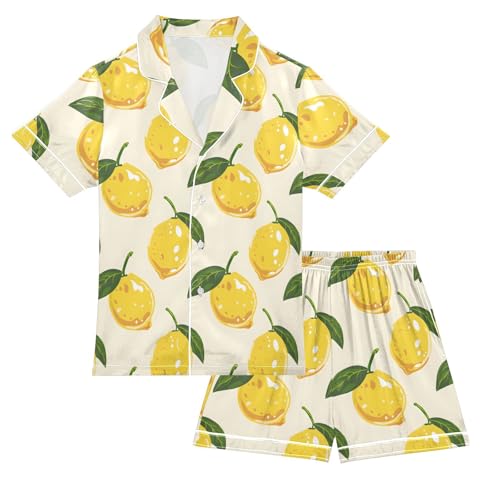 ALAZA Yellow Lemon Leaf Satin Pajamas Set Short Sleeve Button Down Sleepwear Summer Pjs 2 Piece