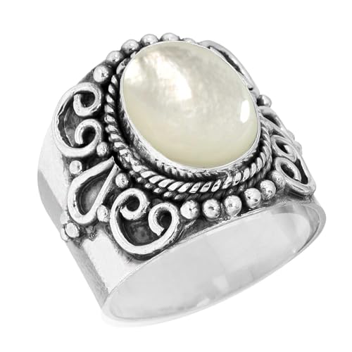 Jeweloporium Nacre Blanche Bague Plaqué Argent Taille 50, Bague en Argent .925 pour Femme, Véritable Pierre Ovale Bijoux Faits à la Main
