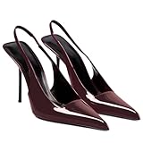 Women's Slingback Stiletto High Heels Pointed Toe Slip On Pumps Shoes Patent Leather Stretch Strap Backless Dress Heels Cherry Red