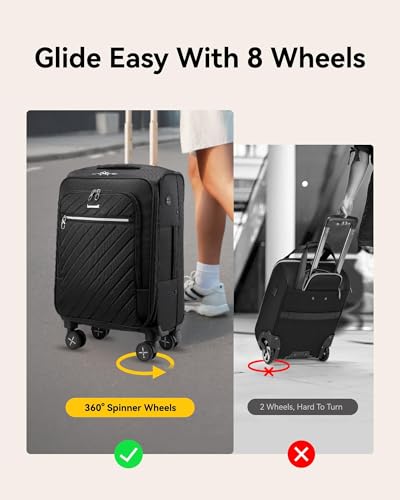LUGGEX Carry On Luggage with Spinner Wheels - Stylish Lightweight Carry On Suitcase - Soft Sided 22x14x9 airline approved with Front Open Design for Travel, Business (Black, 20 Inch)2