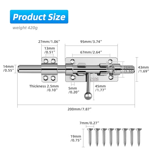 Image of Barrel Bolt Latch, 7.9 inch Heavy Duty Gate Latch Slide Lock Solid 304 Stainless Steel Bolt Lock for Inside Door, Finished Shed Door Latch (Silver)