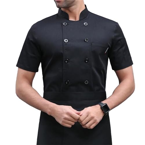 Men's Chef Coat Uniform Short Sleeve Cook Jacket Restaurant Kitchen Work Clothes (Black,M)