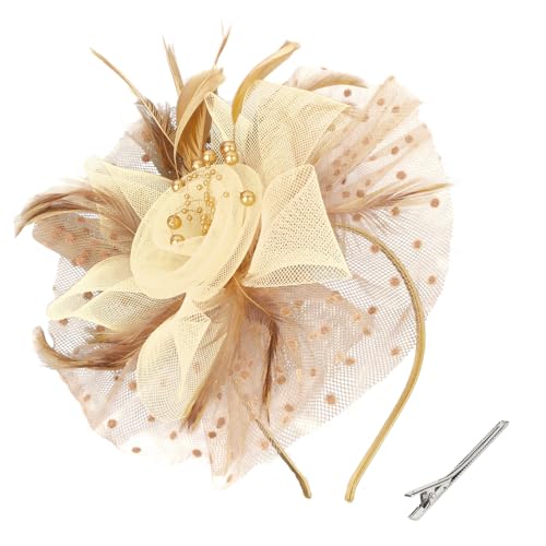 Fascinators Hats for Women Tea Party Flower Pearl Feather Wedding Fascinator Hat Derby Hats for Women Girls, Khaki, 0