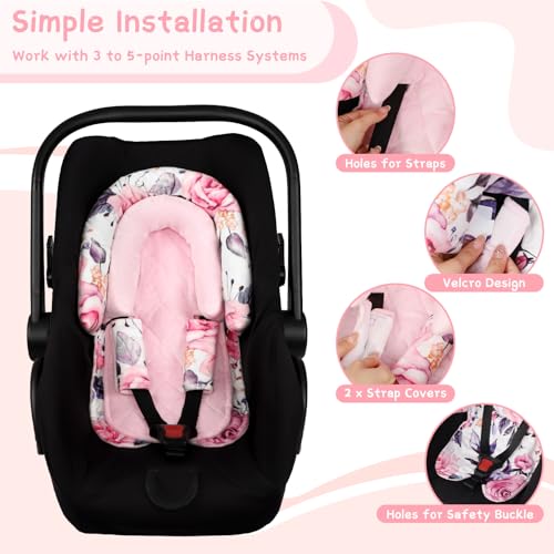 Image of Baby Car Seat Head Body Support & Strap Covers, 2 in 1 Infant Car Seat Insert, Reversible Soft Breathable Newborn Cushion Pads for Preemie, Perfect for Baby Carseats, Strollers, Swings (Floral)