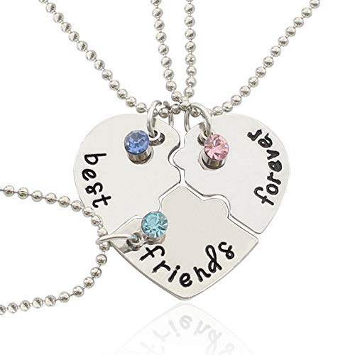 Best Friends Forever Necklace,Engraved Puzzle Friendship Pendant Necklaces Set of 3, Silver Tone Alloy Heart Rhinestone Necklace
