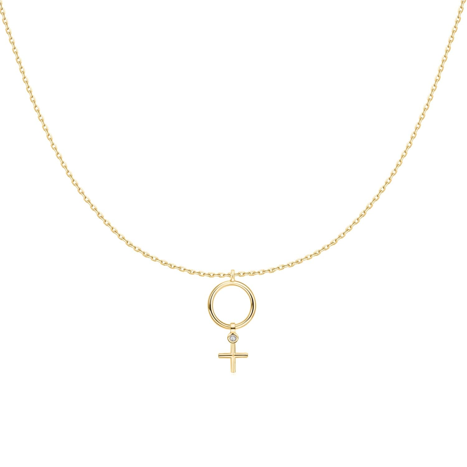 MARLION JEWELS Collar de Plata de Primera Ley (S925) Aro en textura Lisa y una Cruz con Circonita Brillante. Colgante acabado en Plata o Baño Oro 18K. Perfecto Regalo Cumpleaños y Día de la Madre. Joyas para mujer.