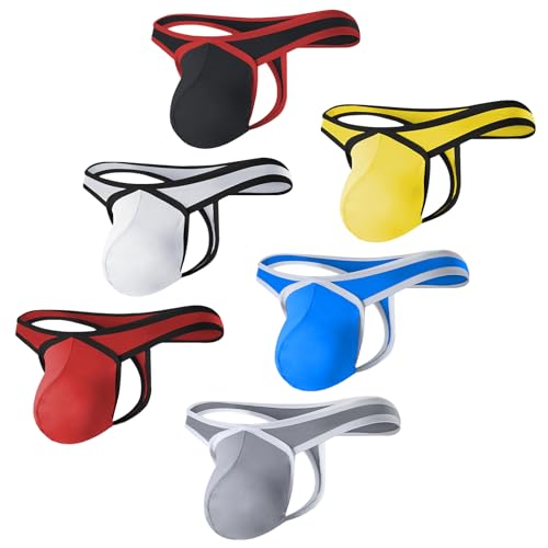 KAREN SPACE Mens Pouch Thong Sexy And Fashion Underwear, Ice Silk T-Back Thongs Athletic Supporter, 1940DK-6P-Black/White/Red/Yellow/Blue/Gray,Large