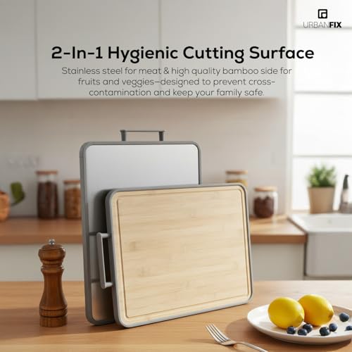 Image of 2-in-1 Chopping Board for Kitchen | Stainless Steel & Bamboo Cutting Board | Hygienic Dual-Sided Board for Meat, Vegetables & Fruits | Rust-Proof, Easy to Clean (41 x 31cm)