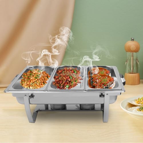 panfudongk Edelstahl Buffetwärmer Speisenwärmer Chafing Dish Buffet Set - Food Warmer Warmhaltebehälter 8L Speisewärmer - Catering Wärmebehälter mit 3 Speisenpfannen – Bild 4