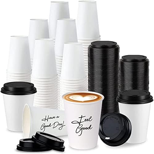 12oz Takeaway Coffee Cups to Go with White Lids, Kraft Ripple Paper Cups with Wooden Stirrers [12oz, 340ml, 100 Pack] Disposable Takeaway Insulated Biodegradable Paper Cups for Tea and Hot Drinks