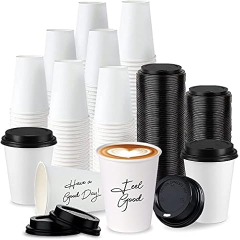 12oz Disposable White Hot Paper Coffee Cups with Black Lids [12oz, 100 Sets with Black Lids] Cover