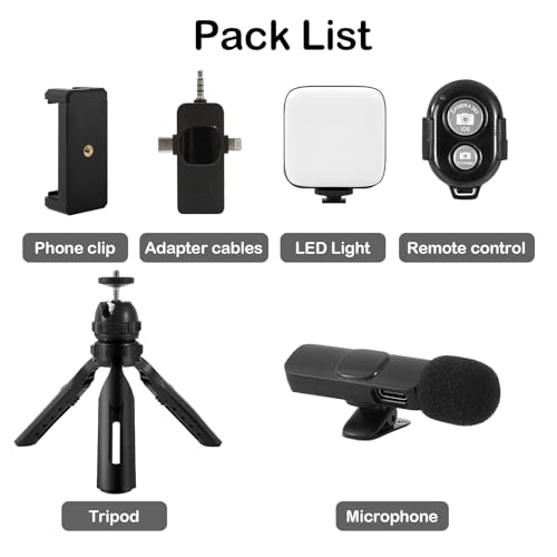 Heliora Vlogging Kit for iPhone, Android with Tripod, Wireless Lavalier Microphone, Selfie Light, YouTube Starter kit Content Creator Equipment with for Video Conference, Vlogging, YouTube, TikTok