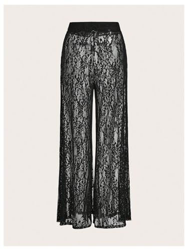 WDIRARA Women's Lace Sheer Mesh Pants High Rise Elastic Waist Trousers Wide Leg Bottoms2