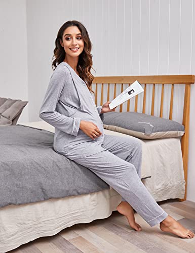 Ekouaer Womens Maternity Pajamas Long Sleeve 2 Pcs Nursing Tops And Pants Winter Breastfeeding Hospital Pj Set For Labor And Delivery Light Grey #TOP4