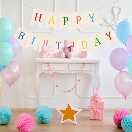 Image of Doumeny Happy Birthday Burlap Banner Boho Birthday Garland Banner Rainbow Bohemian Bunting Garland White Birthday Hanging Bunting Multicolor Birthdays Sign Party Flag for Home Mantel Fireplace Nursery