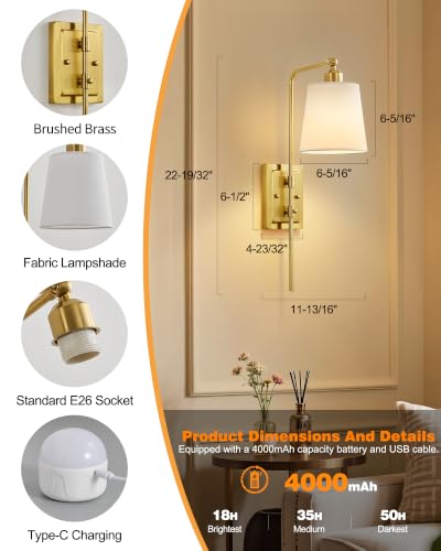 Powfloven Brass Battery Operated Wall Sconce Set of 2, Adjustable Height - image 2