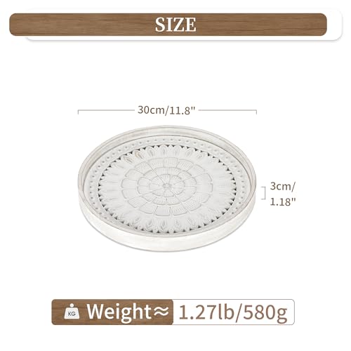 Hanobe Round Decorative Coffee Tray: White Wooden Carved Boho Serving Platter - Farmhouse Style Circle Wood Centrepiece for Counter and Ottoman - Image 4