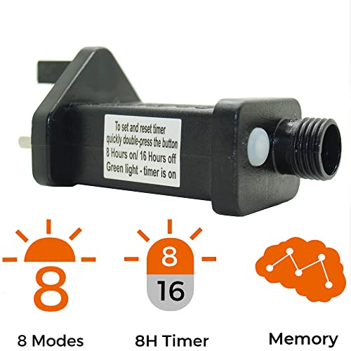 Replacement Christmas Fairy Lights Power Supply, Transformer, Power Adaptor. 8 Modes, Memory & 8 Hour Timer. Two Pins Works with Most String, Net and Icicle Lights