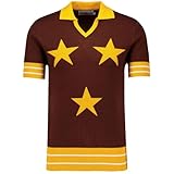 Madcap England Mens Retro 70s Mod Northern Soul 3-Star Knitted Short Sleeve Skipper Neck Polo KTF MC1140 (UK, Alpha, M, Regular, Regular, Brown/Yellow)