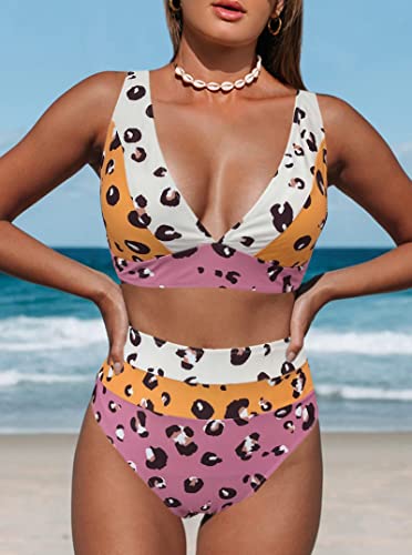 Image of Hilinker Women's Leopard Bikini Swimsuits V Neck High Waisted 2 Piece Bathing Suits